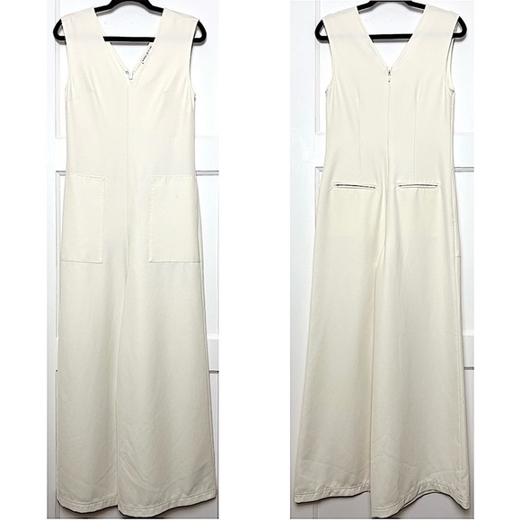 MARINA MOSCONE Ivory Twill Sleeveless V-Neck Wide Leg Ankle Cropped Jumpsuit 6 - Picture 4 of 5